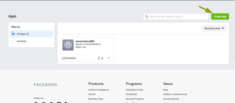 facebook for developers myapps page